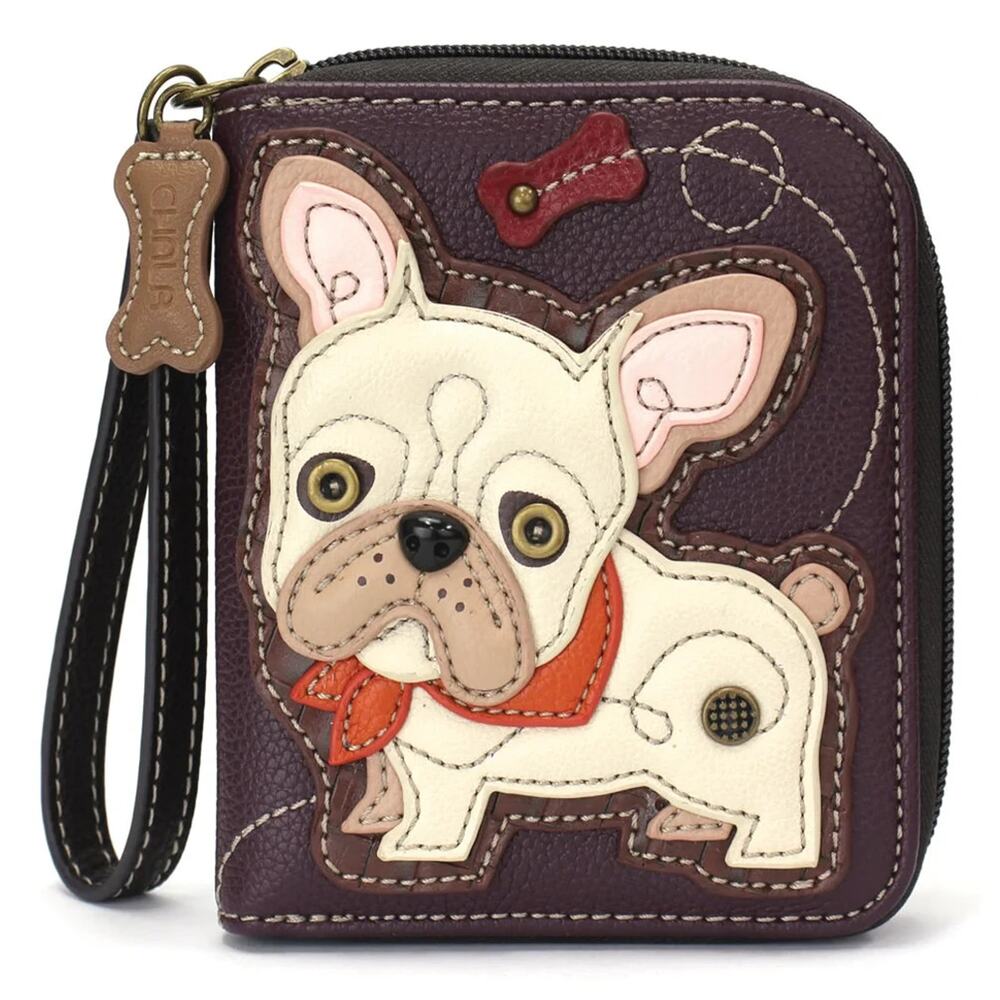 Chala Faux Leather Zip Credit Card Wallet Wristlet - French Bulldog, Plum NWT